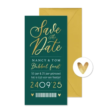 Save the date uitnodiging ticket dubbel feest goud